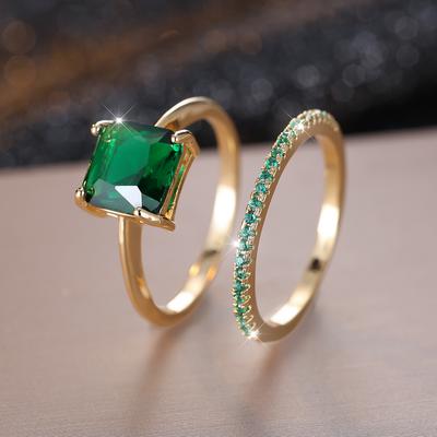 2 Pcs/set Vintage Female Golden Color Square Cut Green Stone CZ Ring Set Engagement Ring Set Bride Wedding Rings for Women