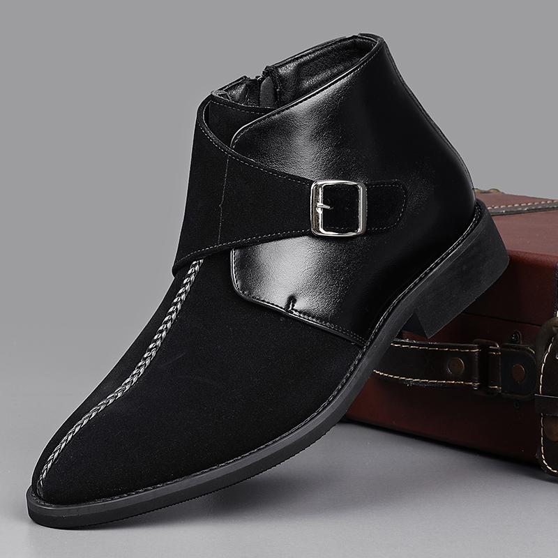 

New Designer Winter Pointed Toe Belt Buckle Chelsea Ankle Boots For Men s Fashion All Match Monk Strap Shoes Zapatos Hombre 38