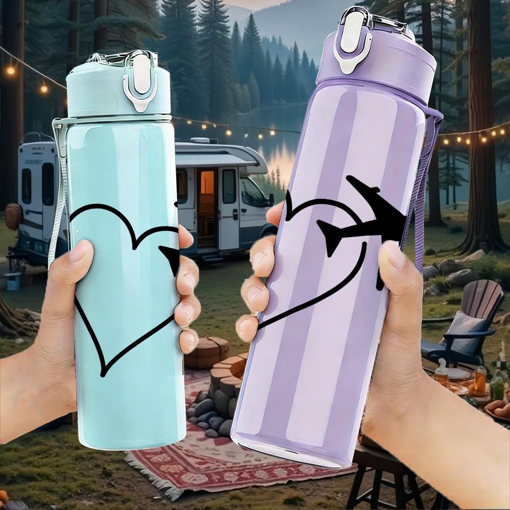 1PC Heart Airplane Minimal Line Art 750ml Color Plastic Sports Water Bottle Leakproof Flip Straw Lid Suitable for Sports Office Home Use