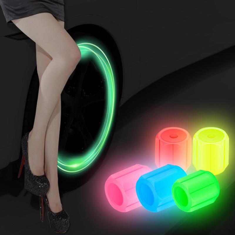 4Pcs Universal Fluorescent Luminous Tire Valve Stem Covers Car Tire Valve Cap Green /Yellow/Blue/Red Fluorescent Powder