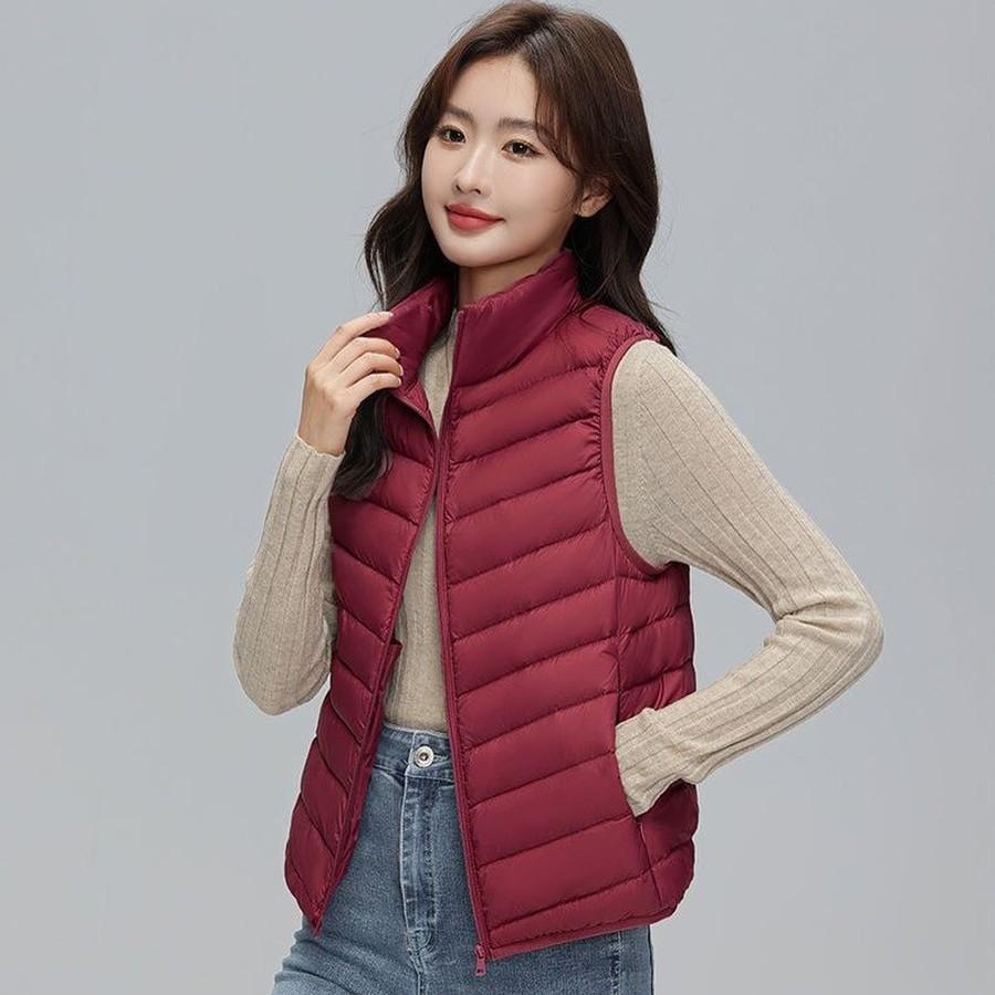 Women's Wool Puffer Vest with Stand Collar for Winter Cold Weather