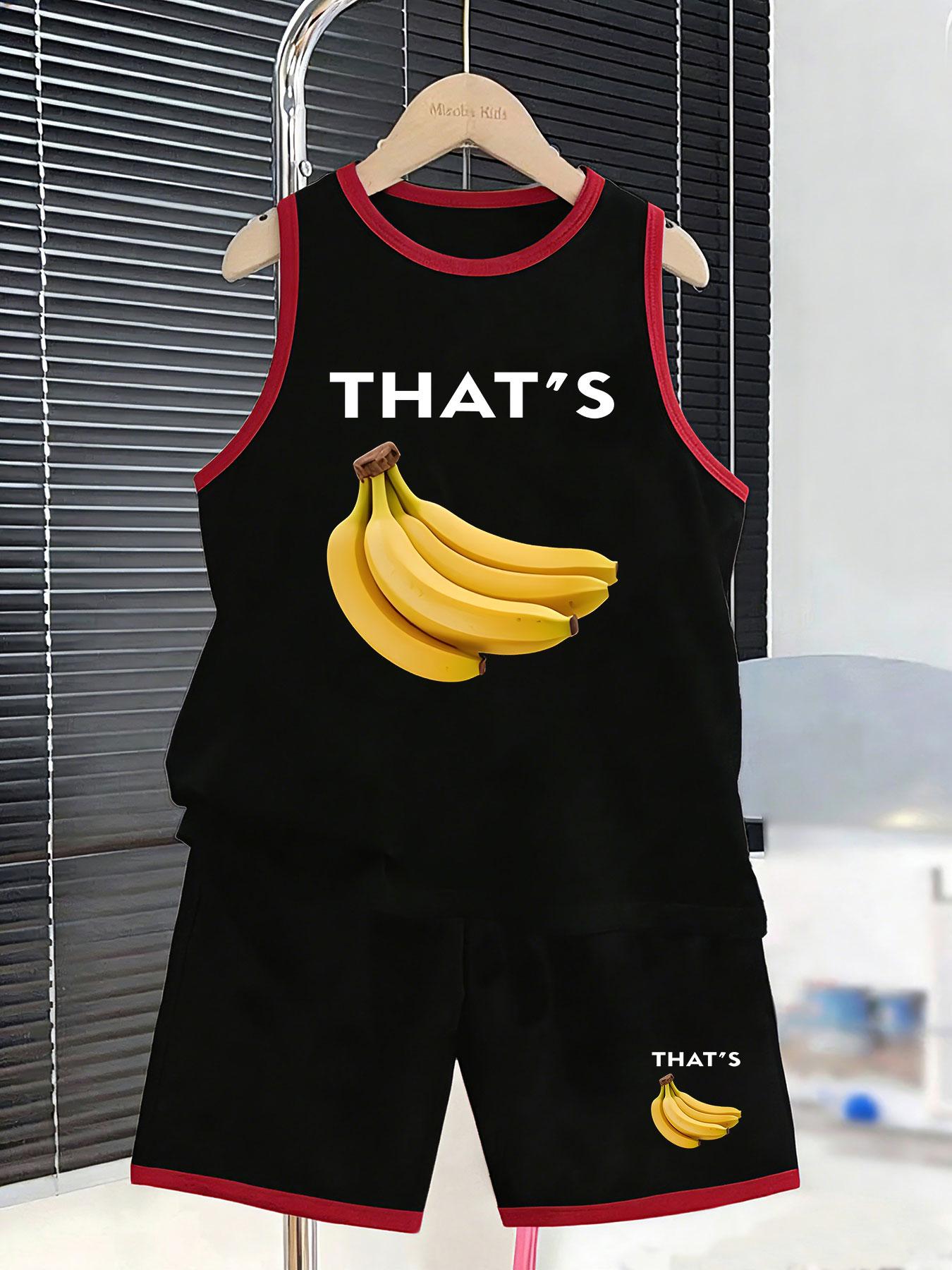 

Boys funny banana graphic vest shorts. Soft breathable fabric, playful fruit pattern for home wear and casual daily styling. 7Y чорний