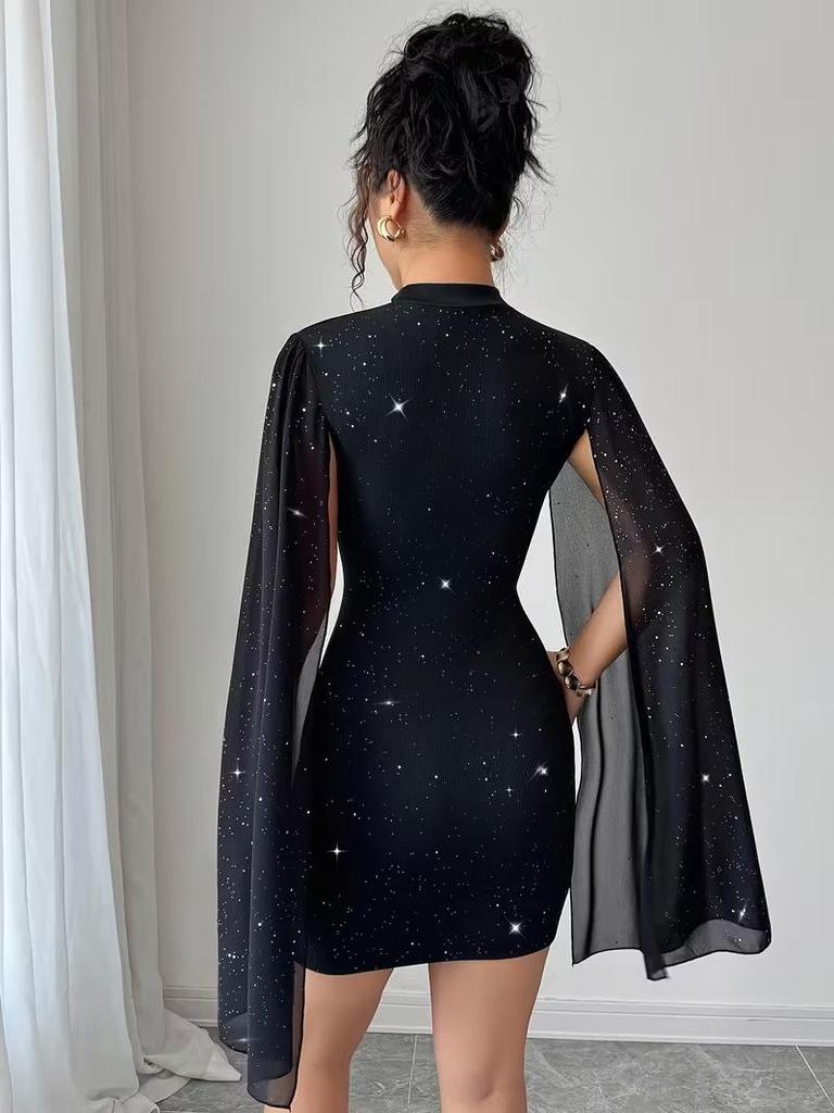 European & American Women's Shiny Halter Dress: Sexy Bodycon with Low Neck and Lantern Sleeves for Parties
