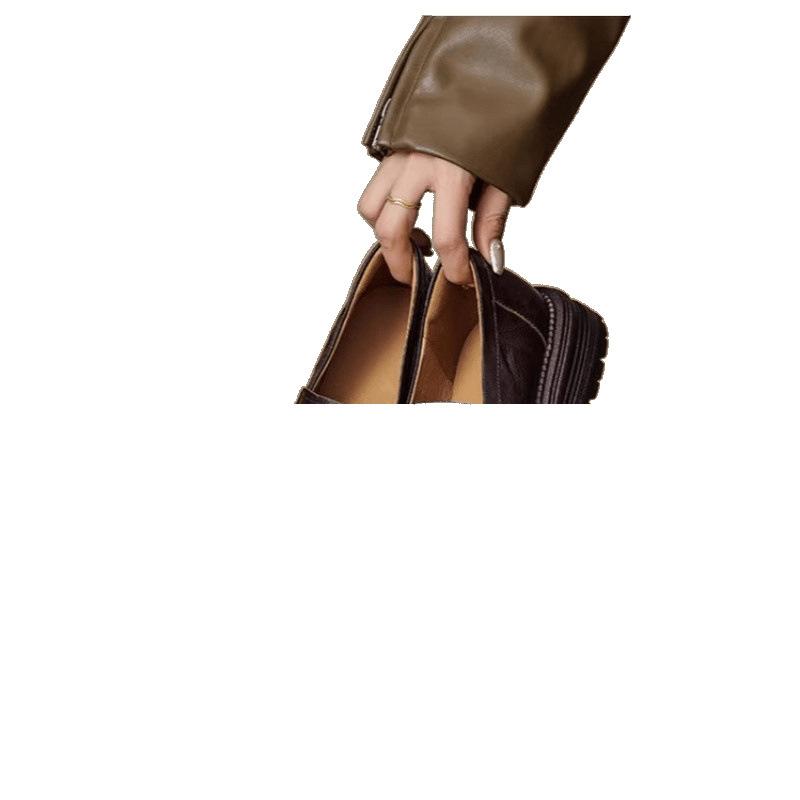 Vintage Pleated Camellia Buckle with Thick Heel Platform Small Leather Shoes Single Shoes Women