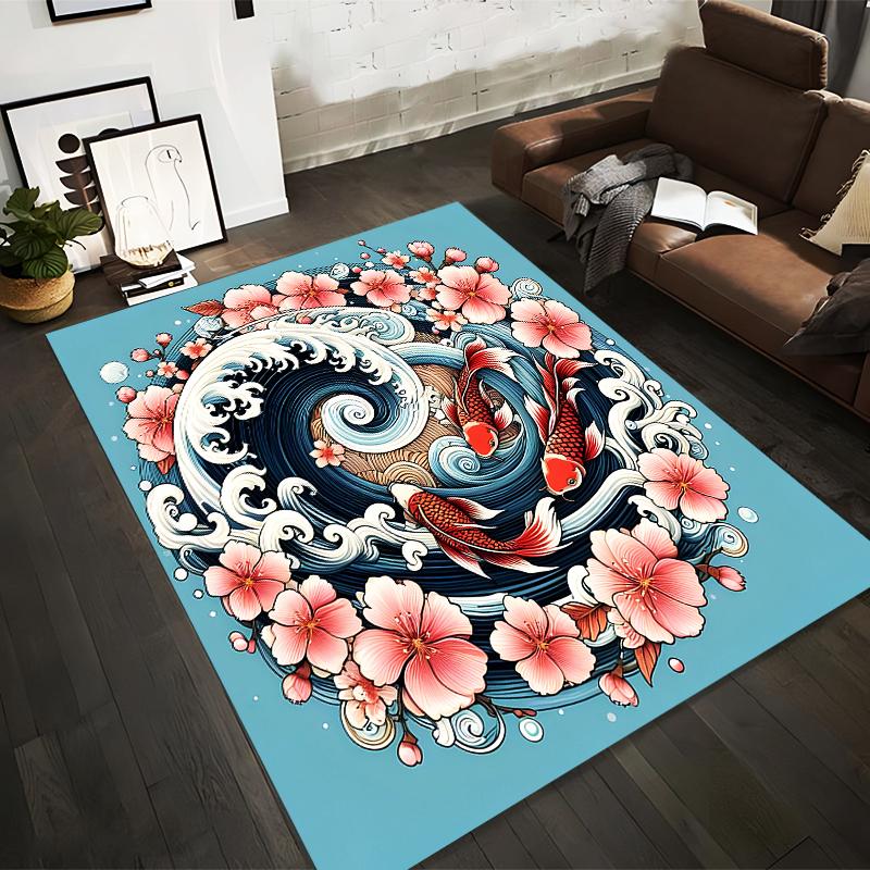 

Japanese Style Carpet with Koi Fish, Sakura Flowers, and Water Waves Suitable for use as an anti-slip for living room bedroom sofas 40x60cm( 15x23in )
