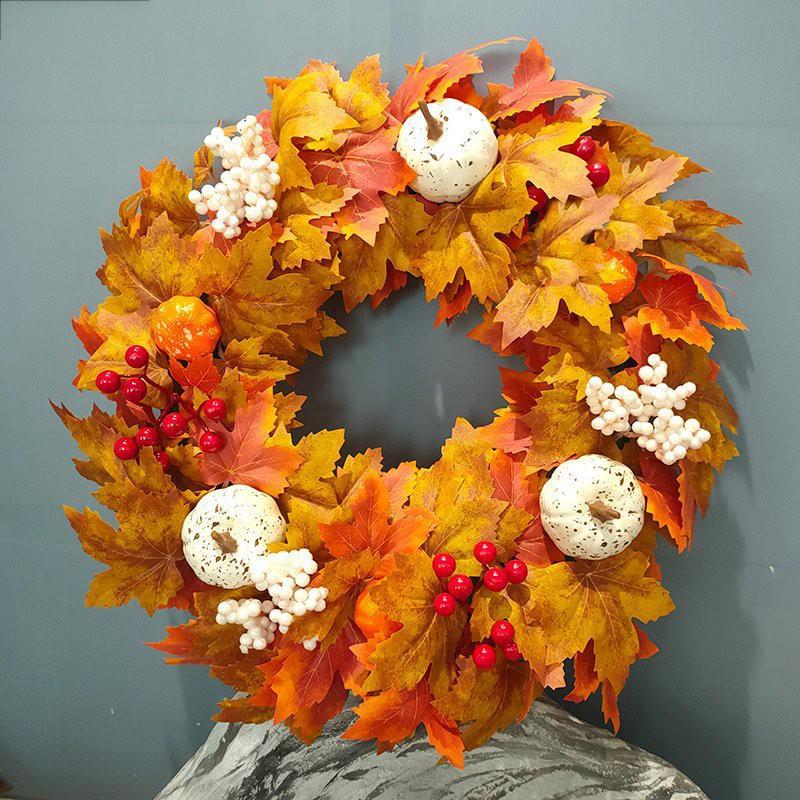 Harvest Wreath With Pumpkins Berries Vine Circle Halloween Thanksgiving Door Decor