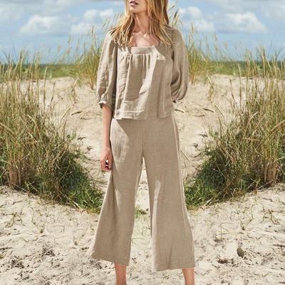 Women's Large Size Solid Colour Country Style Vintage Trouser Suit Cotton Linen Leisure Long Sleeve Loose Cotton Suit