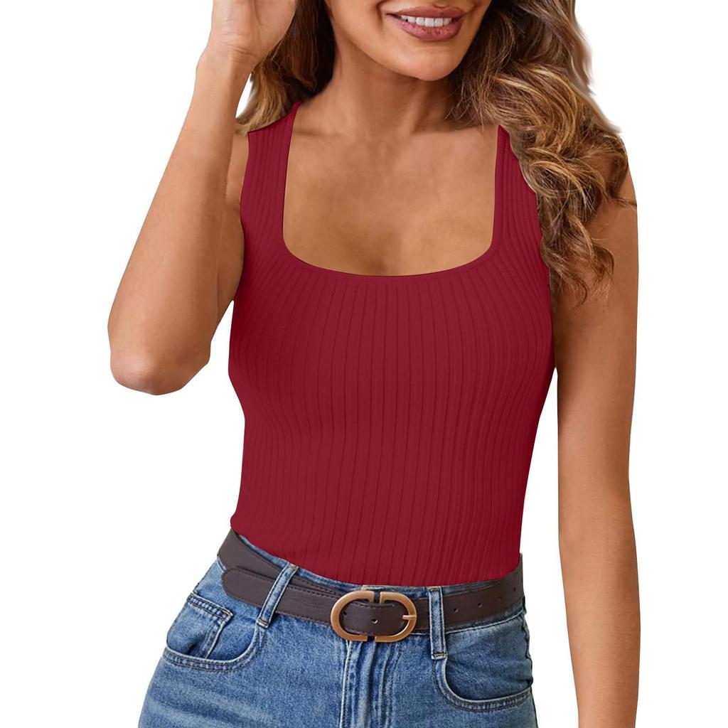 Summer Women's Vest Outer Square Collar High Elastic Slim Sexy Sleeveless Top