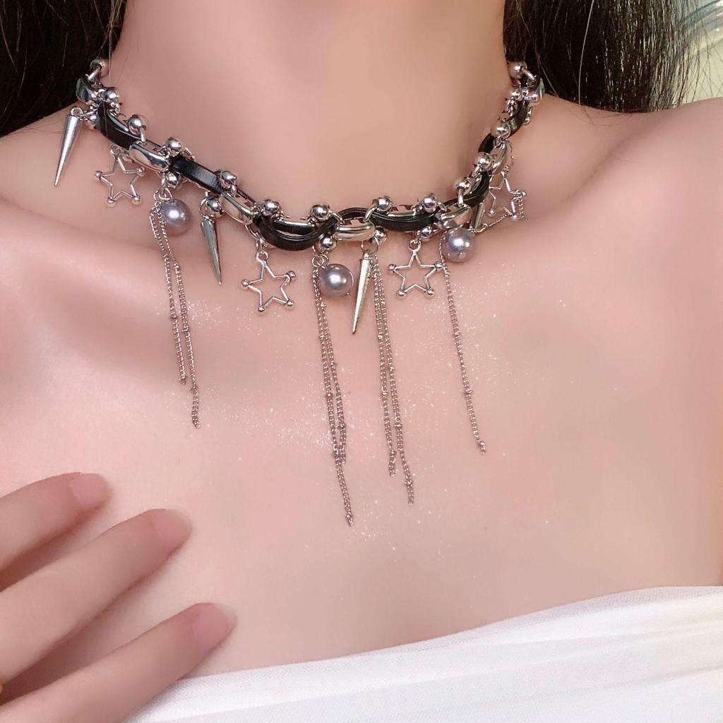 Trendy Cross Rivet Tassel Pearl Choker Necklace