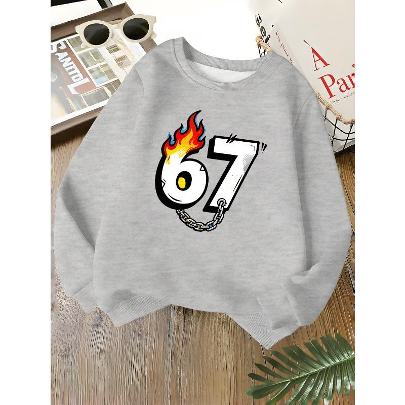 Kids Unisex Crewneck Sweatshirt, Cool Flame Chain Cartoon Number 67 Print Soft Fleece Long Sleeve Pullover For Boys Girls Over 4 Years Old
