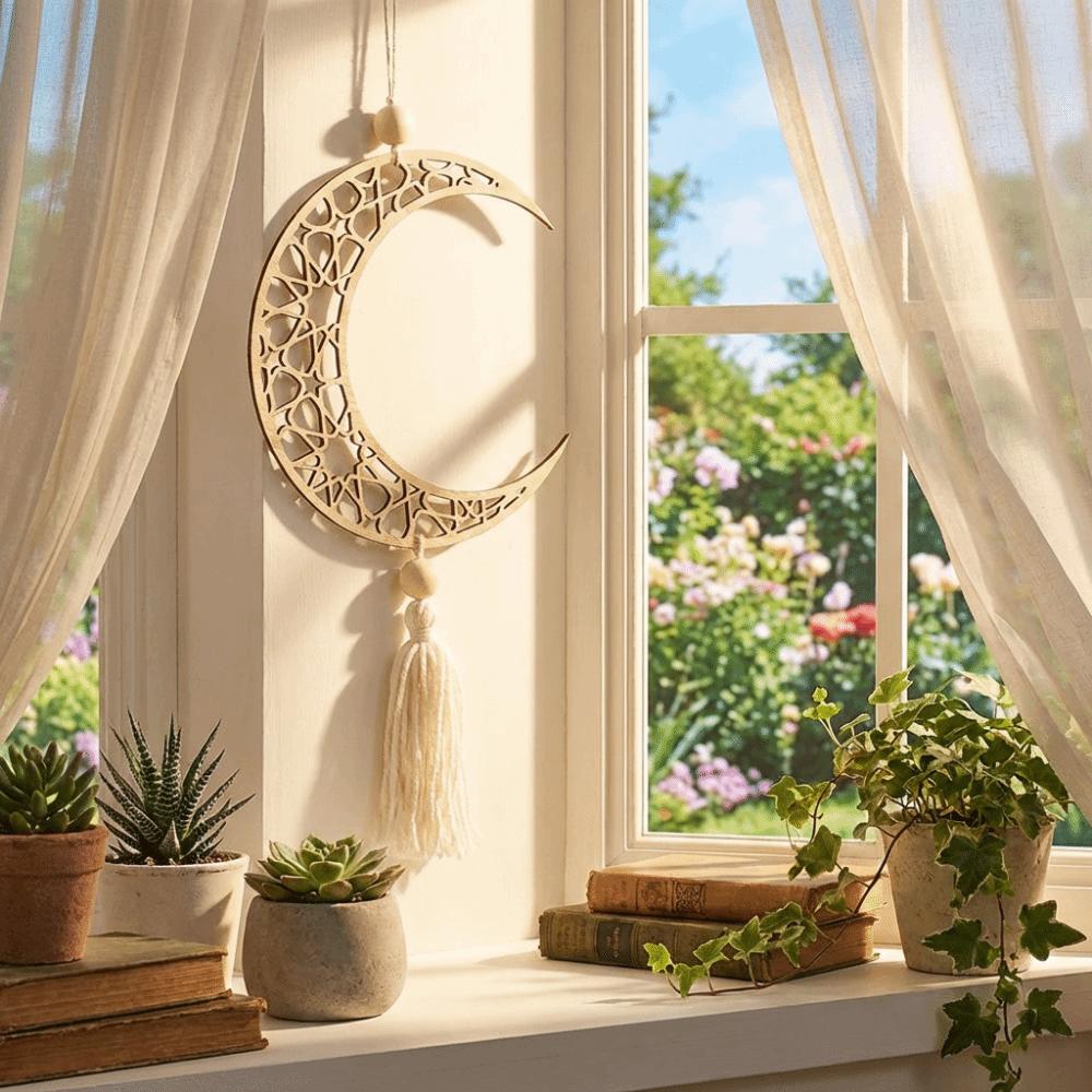 with Tassels Moon Star Hollow Mesh Wall Decor Wooden Handicraft Pendant  Ramadan Celebration