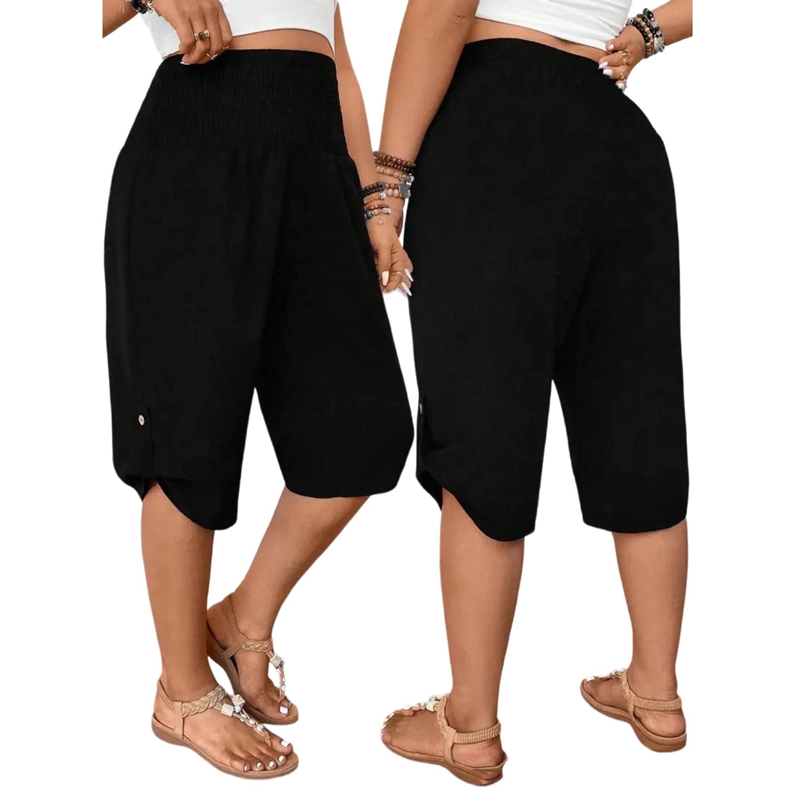 

Women’s High Waist Loose Fit Knee Length Shorts with Elastic Waistband and Side Button for Casual Wear XL