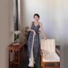 French Floral V-neck Suspender Dress Women's Summer Sweet Babe Skirt Blue Retro Temperament Split-ended Long Dress
