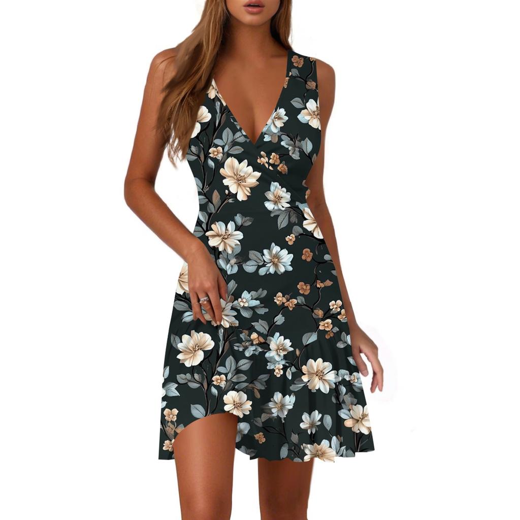 Ladies Casual Fashion V-Neck Sleeveless  Print Dress