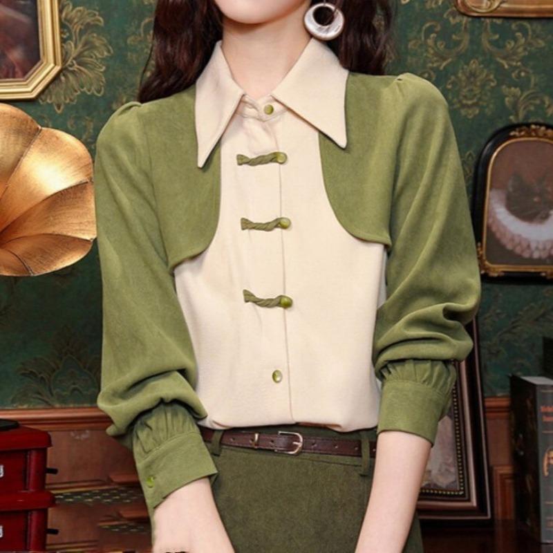 New Chinese Style Chinese Style Long-sleeved Shirt for Women Spring New Style Western Style Shirt Button Top S зелёный