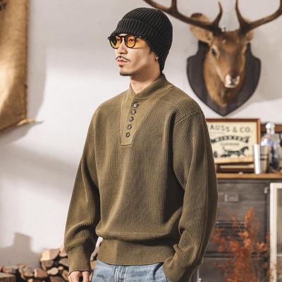 JIERUINO Men's American Retro Thickened Henley Knit Sweater