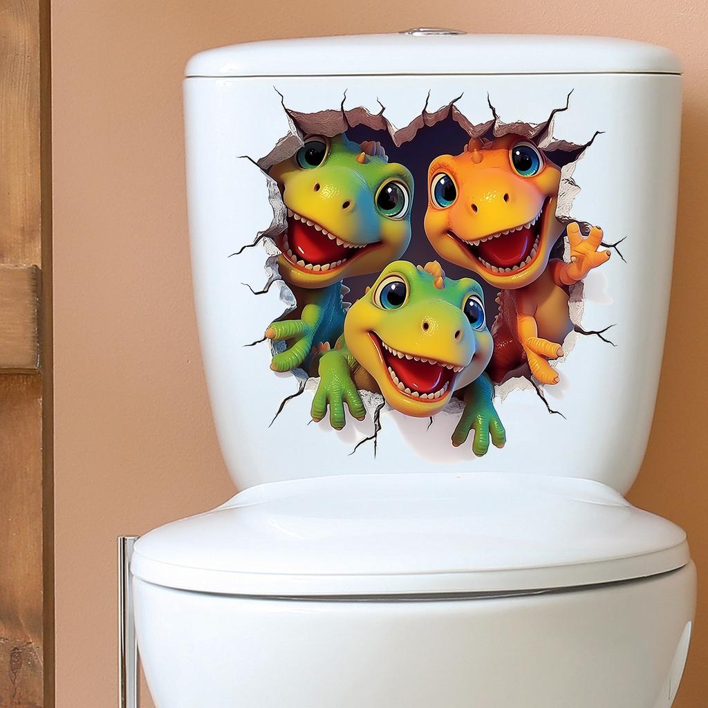 Creative 3D Breaking Wall Dinosaur Toilet & Wall Sticker Self-Adhesive Removable for Kids Bedroom Living Room Home Decor