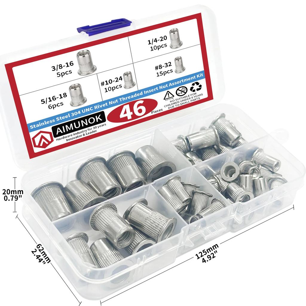 46pcs SAE  Nuts UNC Nutserts Rivnut Assortment Kit, 304 Stainless Steel Flat  Insert Nut Assort #8-32#10-24 1/4"-20 3/8