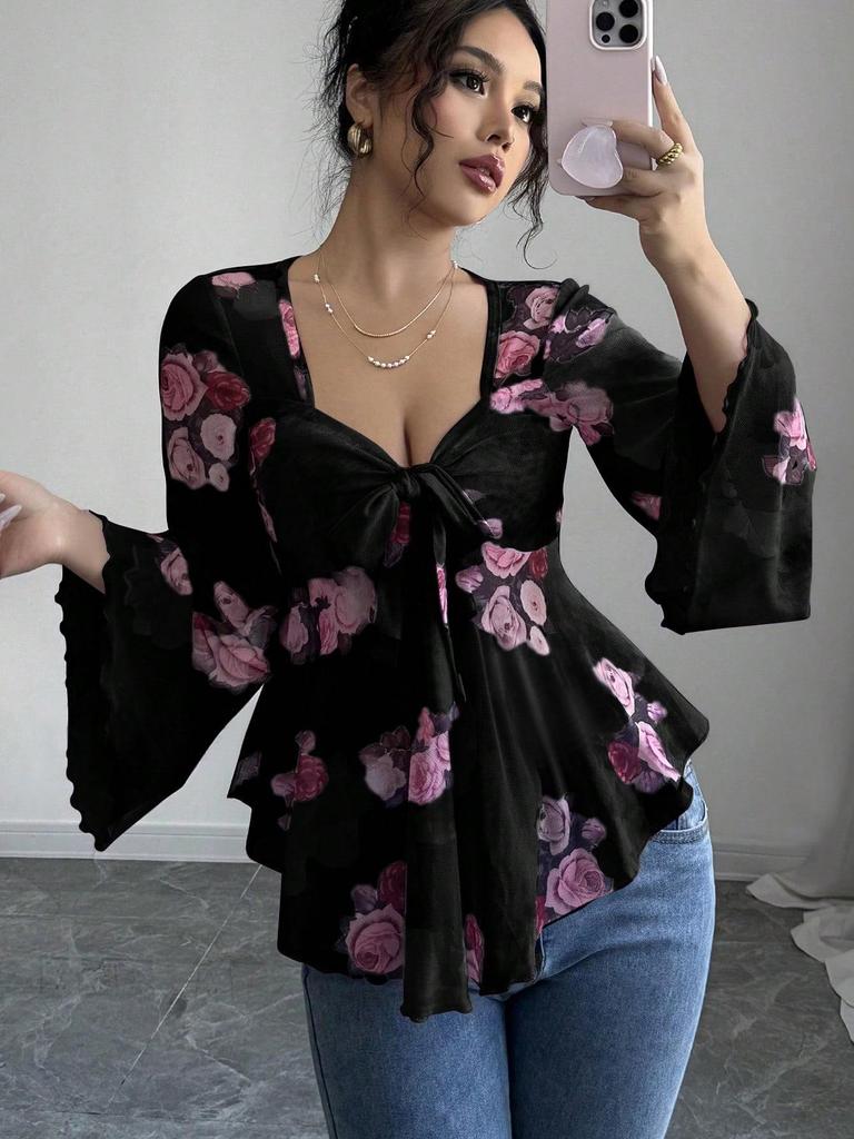 European Floral Gradient Tie-Up Square Neck Long Sleeve Shirt