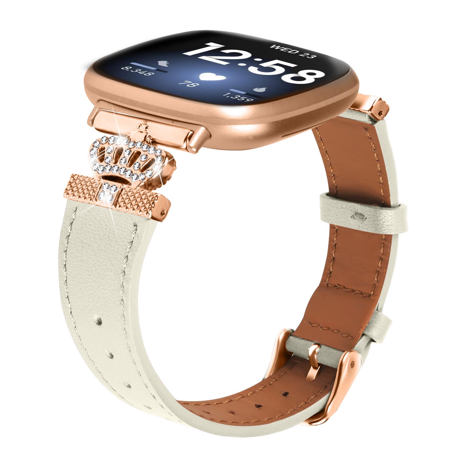 

For Fitbit Versa 4/Sense 2 Smooth Genuine Cow Leather Rhinestone Watch Strap (Rose Gold Buckle) Pink