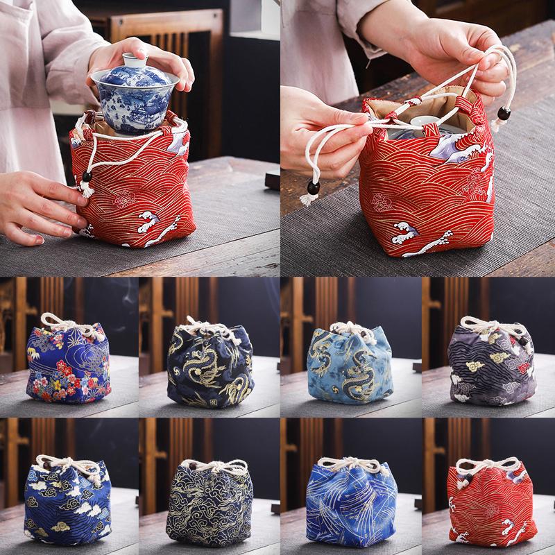 

1 шт. бронзовый узор для хранения домашних чашек, набор для чайника, карманный дорожный чехол для хранения из утолщенной ткани, японский чехол для чашек