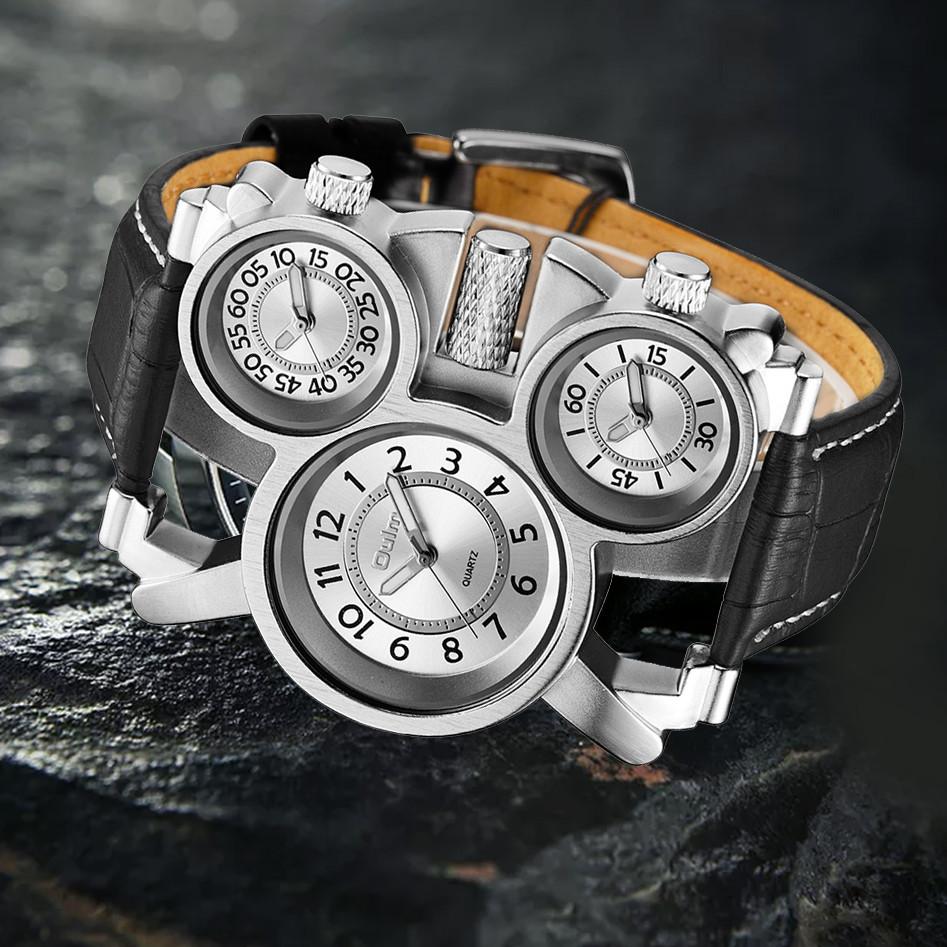 Oulm Herrenuhr Business Casual Quarzuhr Multi-Zeitzone Leder