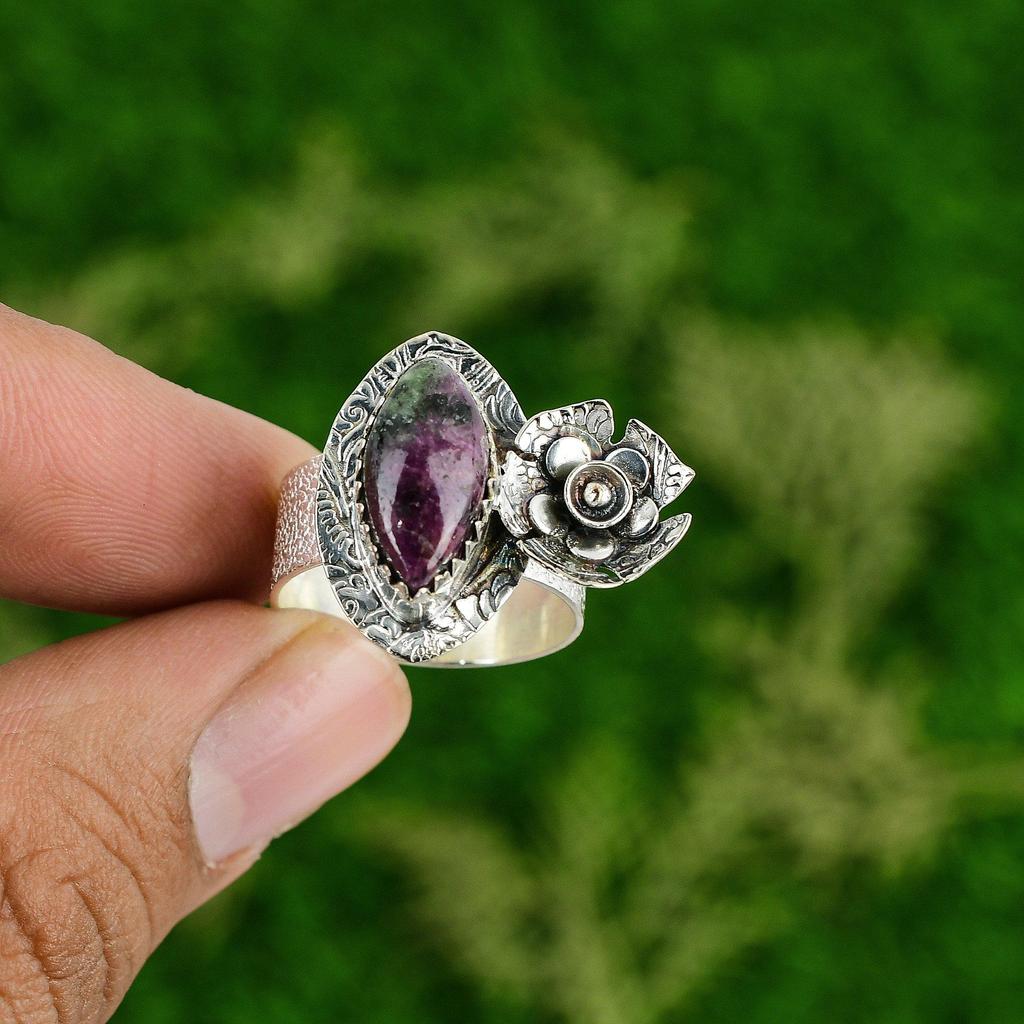 Natural Ruby Zoisite Gemstone Promise Flower Ring Size 9 925 Sterling Silver