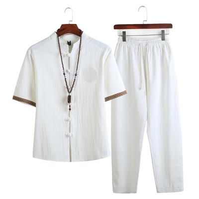 Mens Linen Sets Summer Men Streetwear Jogger Shirts+Long Pants Male 2 Pieces Hanfu Tracksuit Tang Suit