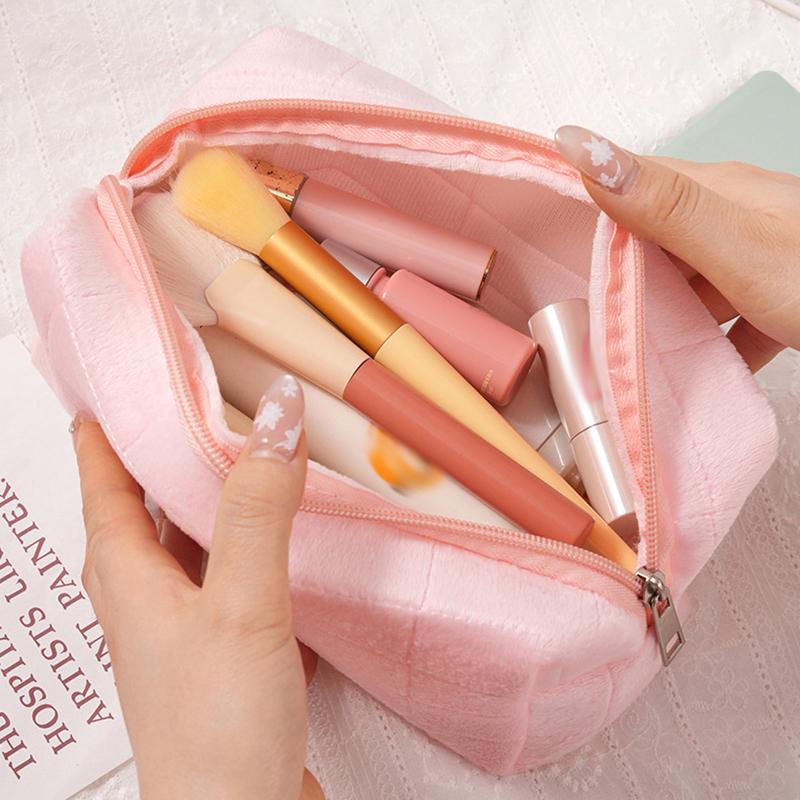 Solid Fur Cosmetic Storage Bag Large Women Zipper Makeup Organizer Handbag Stationery Pencil Case Travel Make Up Toiletry Punch