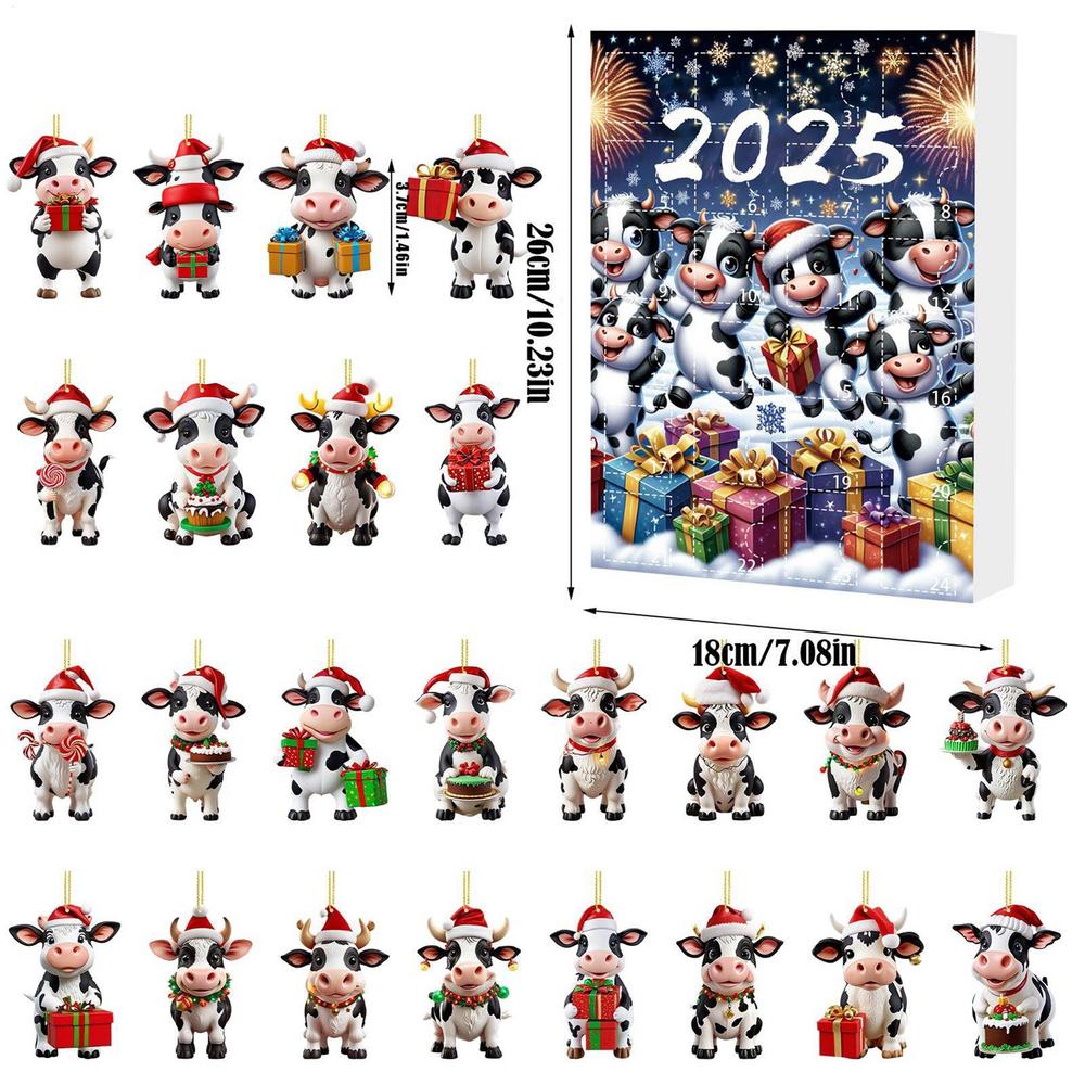 Cow Christmas Calendar 24 Days Cartoon Animal 2D Acrylic Hanging Ornaments Festive Countdown Calendar Christmas Tree Decorations