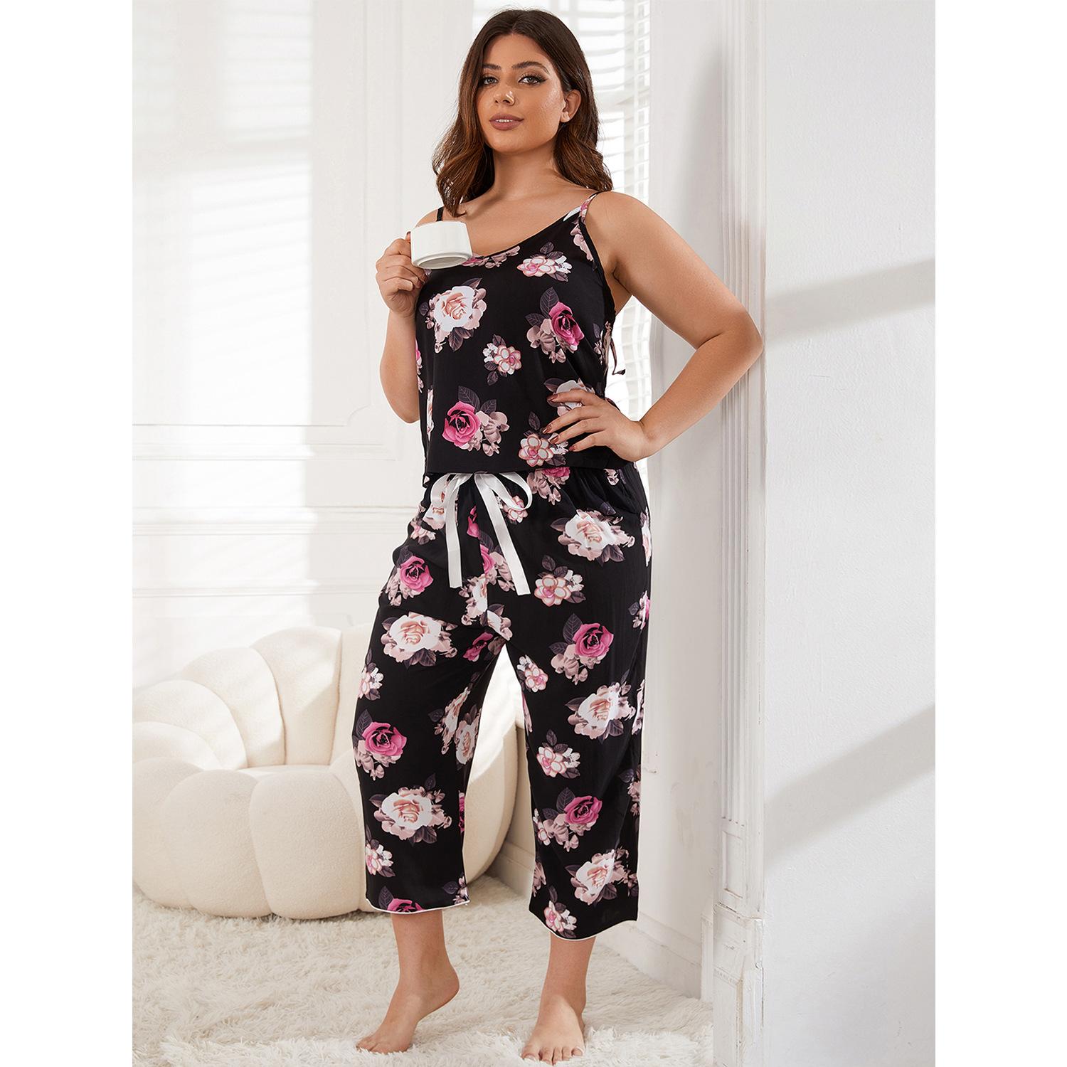 

Плюс размер пижамы женские подтяжки с принтом костюм для домашней одежды 2XL чёрный