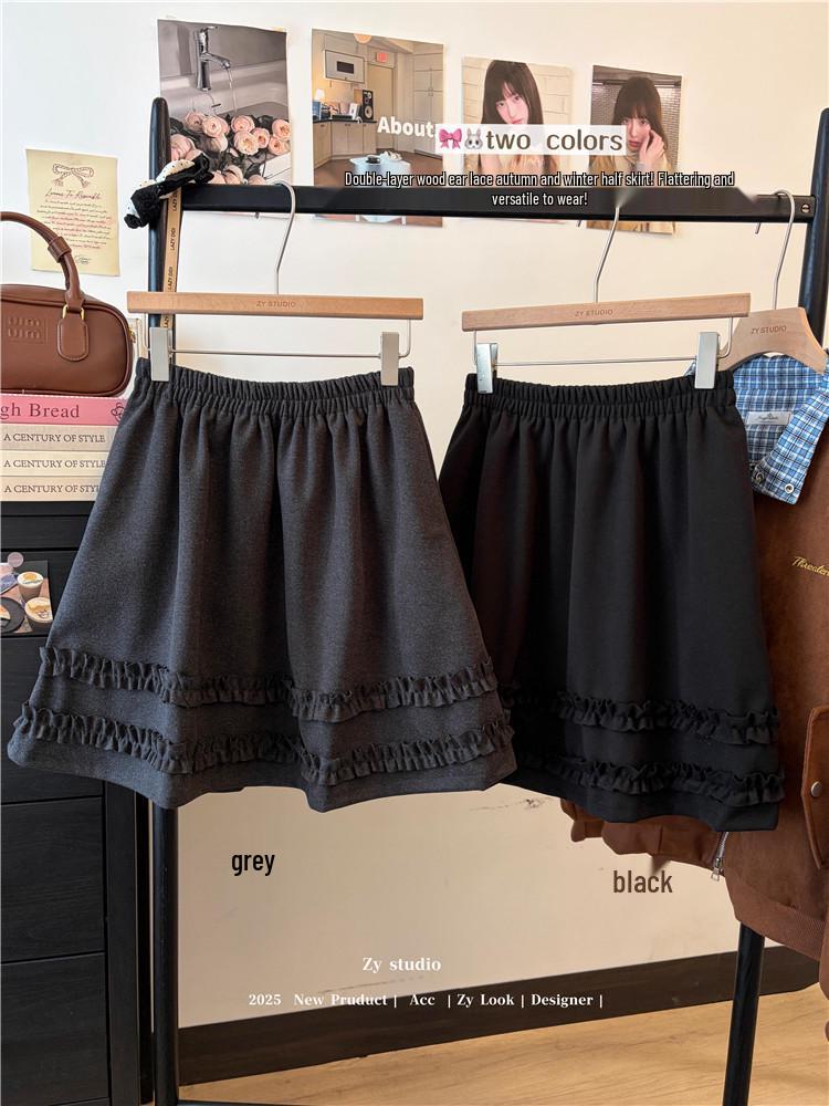 

Korean Style Plus Size Ruffle Patchwork A-line Midi Skirt for Women - Elastic Waist, 2025 Autumn/Winter Collection XL серый