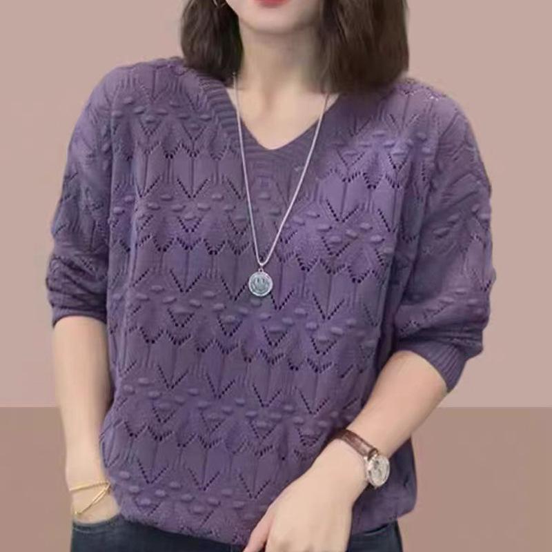 Pull à col en V tricoté pour femmes, printemps et été, pull ample à manches longues ajouré pour femmes