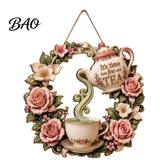 Creative Garden Accessories It's Time for Tea Door Sign, Metal Floral Wreath Hanger with Teapot Teacup Design, Art Windowsill Rustic Wall Decor
