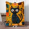 Black Cat with Floral Background Artistic Fleece Blanket Vibrant Yellow Orange Pattern Soft Plush Throw Blanket for Home Decor