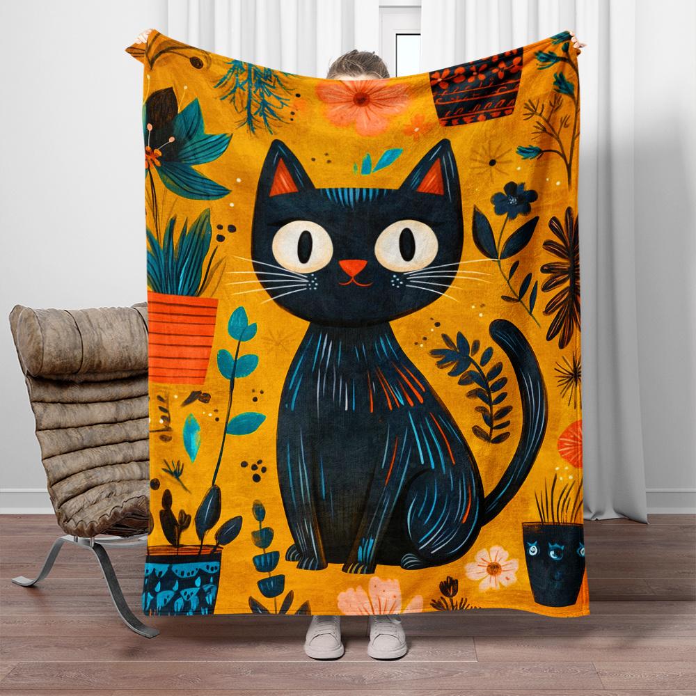 Black Cat with Floral Background Artistic Fleece Blanket Vibrant Yellow Orange Pattern Soft Plush Throw Blanket for Home Decor