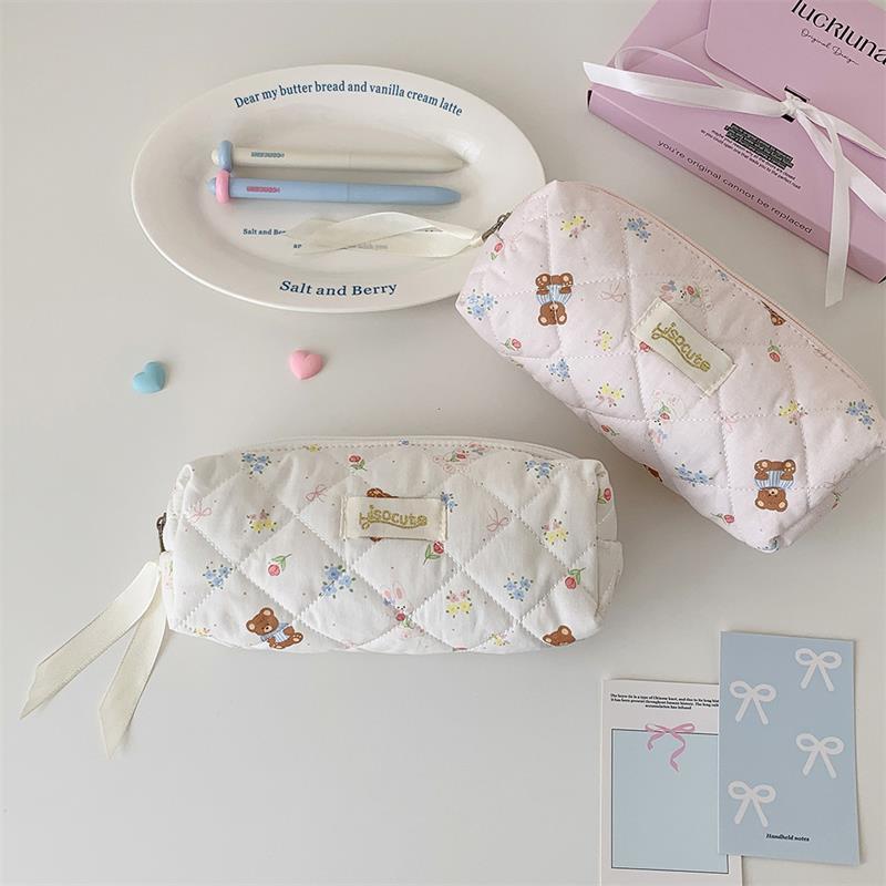 Cute Bear Prints Pencil Case Pen Bag Large-Capacity Student Stationery Storage Bag Portable  Girly Cosmetic Bag Gifts