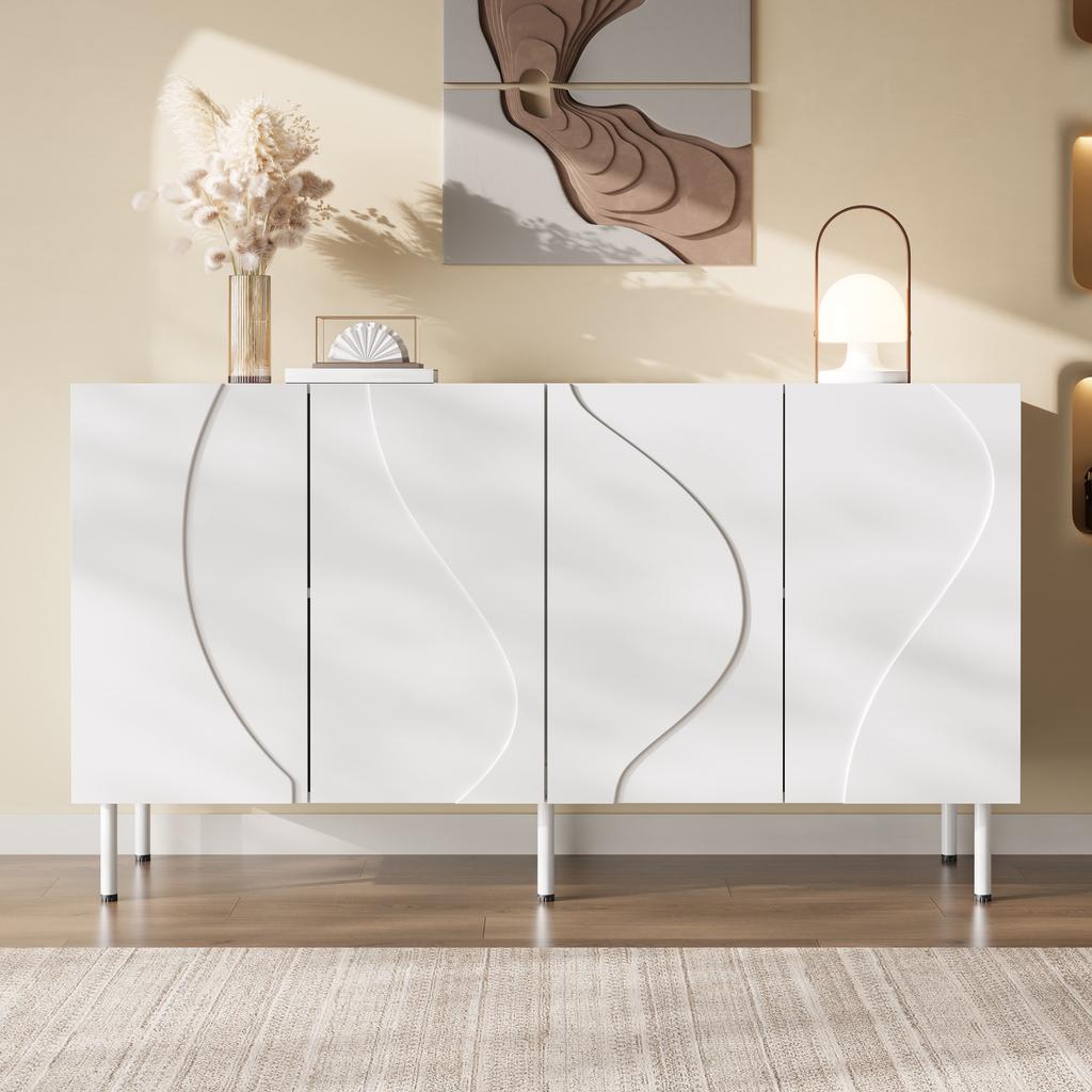 Modern sideboard with 3D curved doors, handleless design, living room hallway storage, made of PB and MDF, metal legs