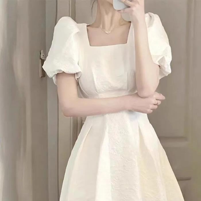 New Summer French First Love White Midi Skirt for Women with Waist Slim and Fresh Temperament Short-sleeved Dress