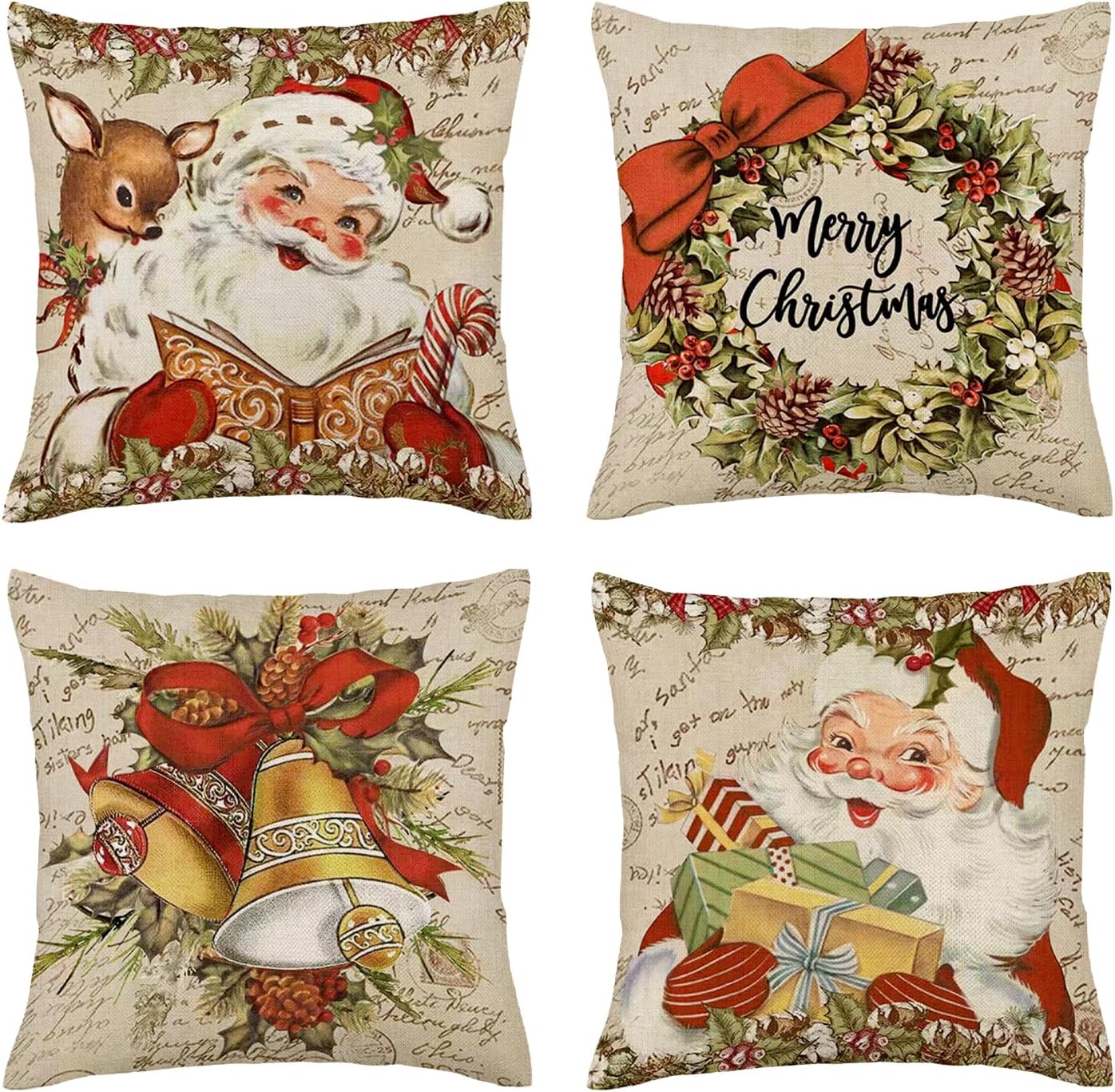Christmas Pillow Covers 18x18in Christmas Throw Pillow Covers Set of 4 Vintage Christmas Decor Santa Winter Holiday Pillow Cover 4PCS