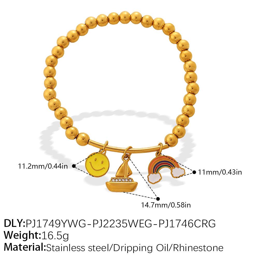 Vintage Vacation Style Smiley Face Rainbow DIY Multi-pendant Gold Beaded Bracelet Gold-plated Stackable Jewelry