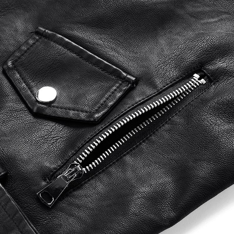 European Spring Women's Short Leather Motorcycle Jacket with Lapel Collar