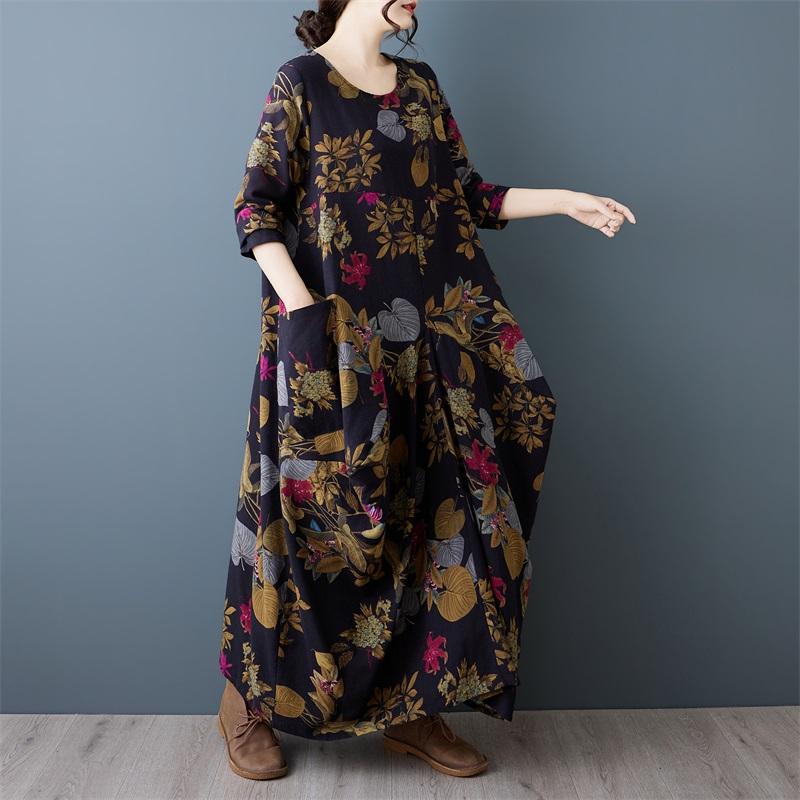 Dlouhý rukáv plus size bavlna vintage květinové novinka šaty pro ženy ležérní volné jarní podzimní šaty