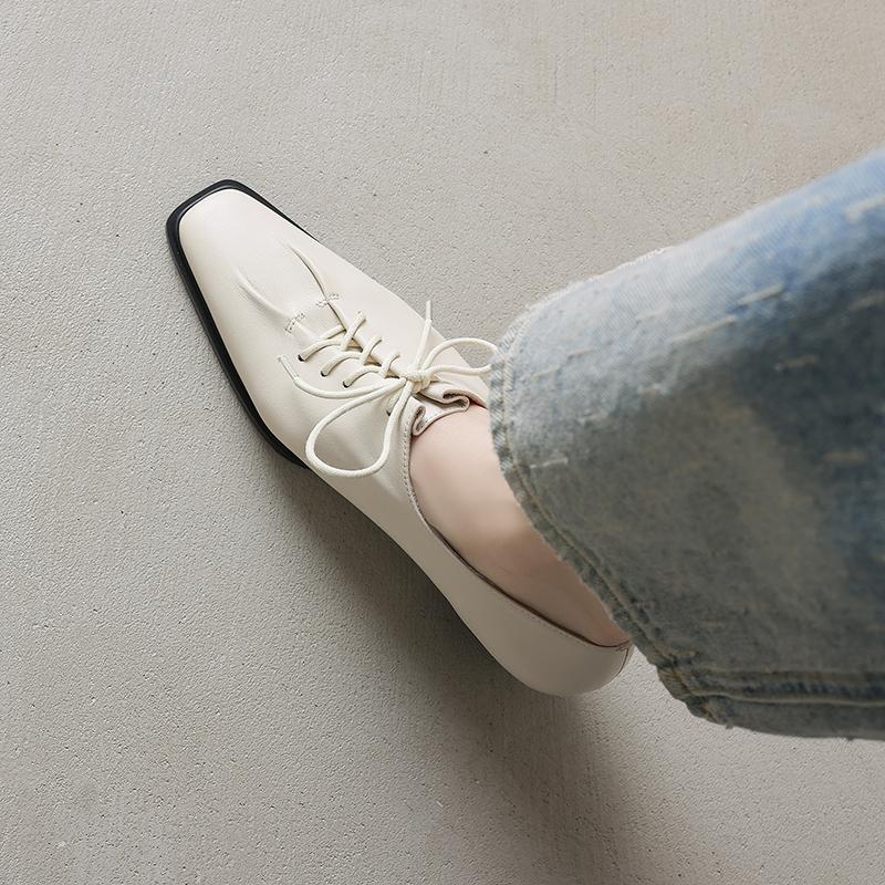 Fashion 2025 New Spring Genuine Leather Women Pumps Shoes for Women Fashion Buckle Squared Toe Loafers Shoes for Women Med Heels Ladies