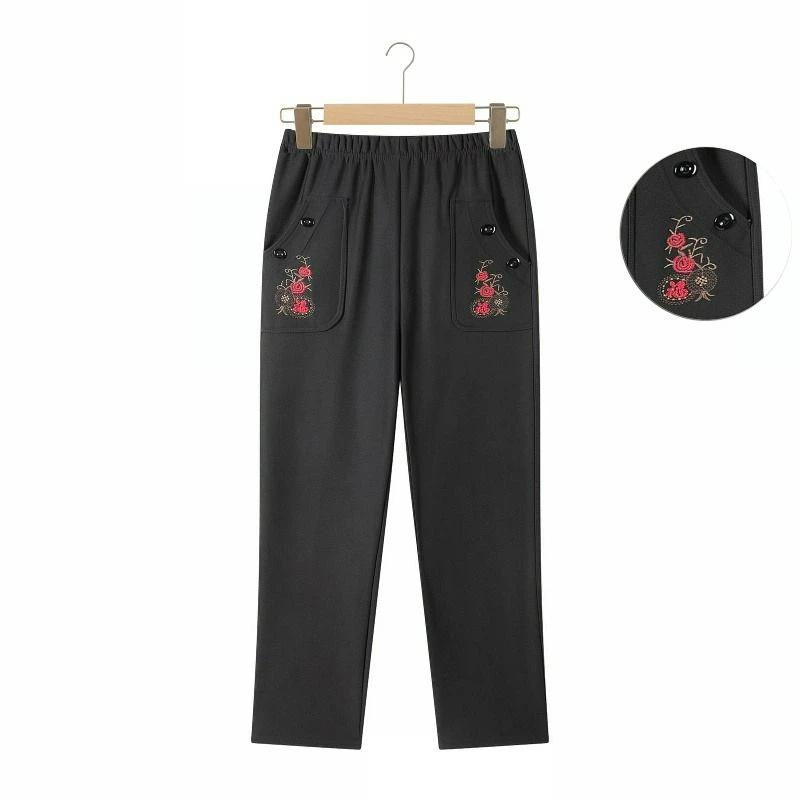 Middle Aged and Elderly Women Embroidered Loose Pants High Waisted Straight Leg Pants Spring Embroidered Mother Pants