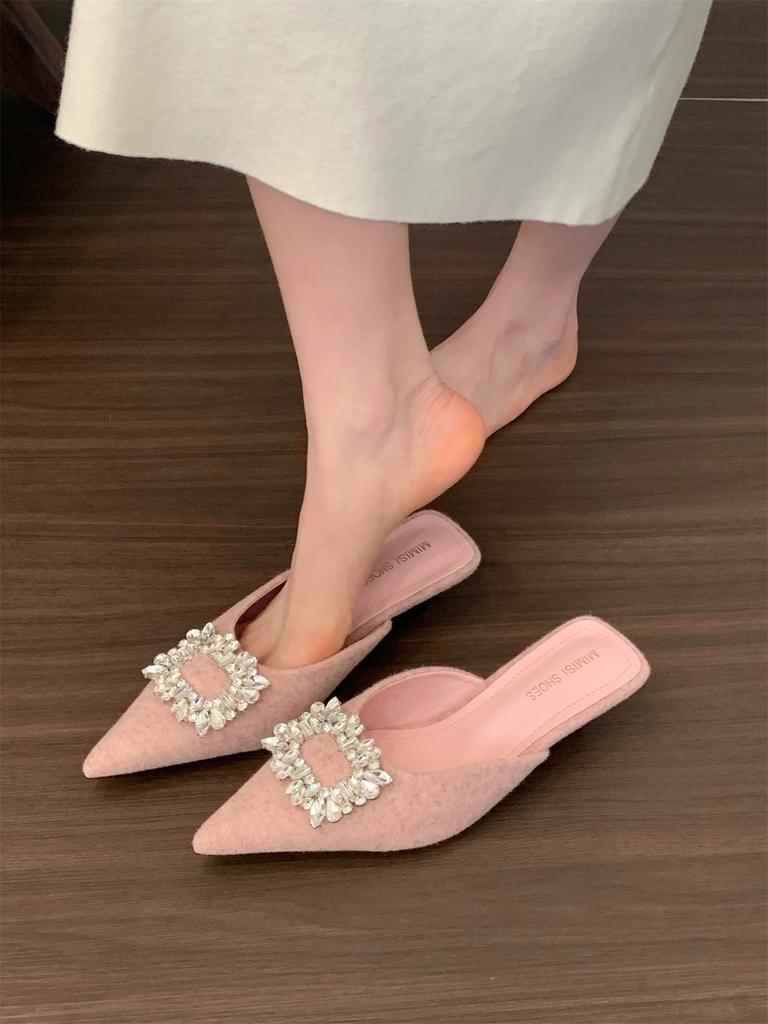 Aphixta Sexy Med Heels Elegant Women Slides Pointed Toe Summer Dress Slides Luxury Crystal Grey Low Heel Slipper Shoes