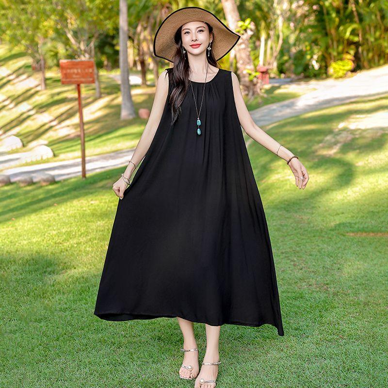 Sleeveless Cotton Dress Summer Loose Plus Size Slimming Vest Vacation Long Dress Elegant Beach