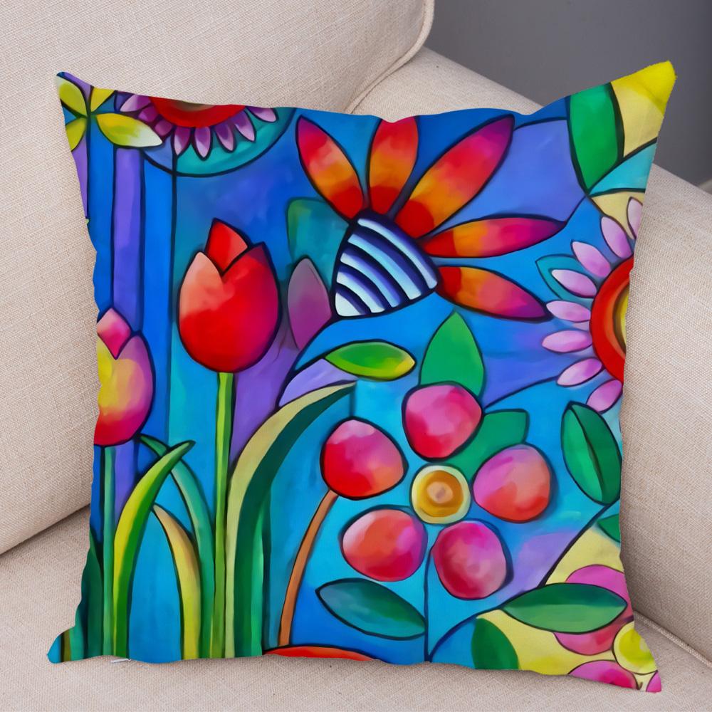 Children Oil Painting Art Cushion Cover Both Sides Plush Pillow Case Decor Cartoon Plant Throw Pillowcase for Sofa Home Car