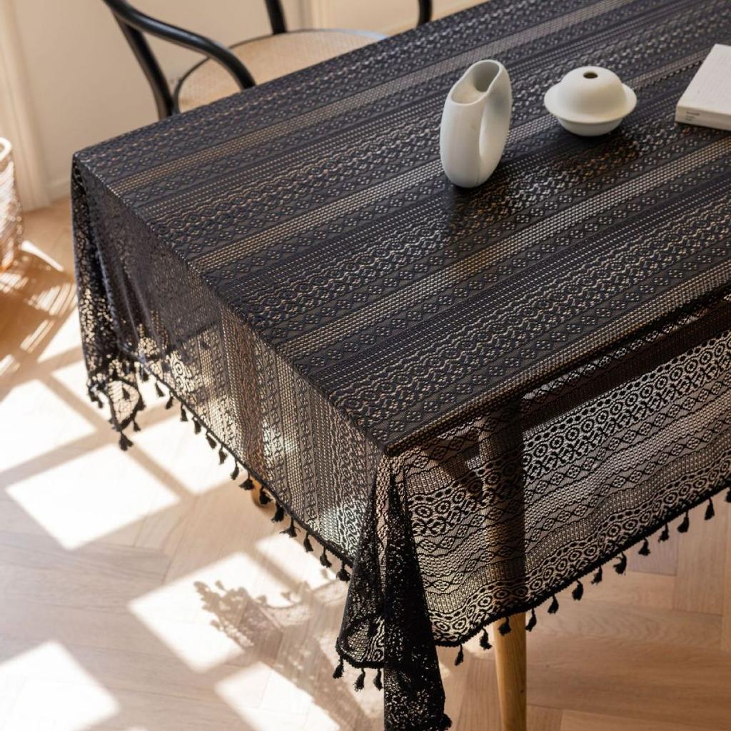 Vintage Heklet Duskelduk, Pastoral Stil Hullet Blonder, Firkantet Polyester Bordduk med Firkløver, Dekor til Bryllup