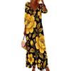 Women Plus Size V Neck Three Quarter Sleeve Black Yellow Floral Printed Long Dress